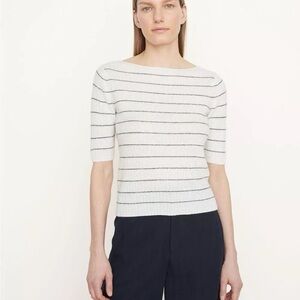 Vince Stripe Ribbed Linen-Cashmere Sweater